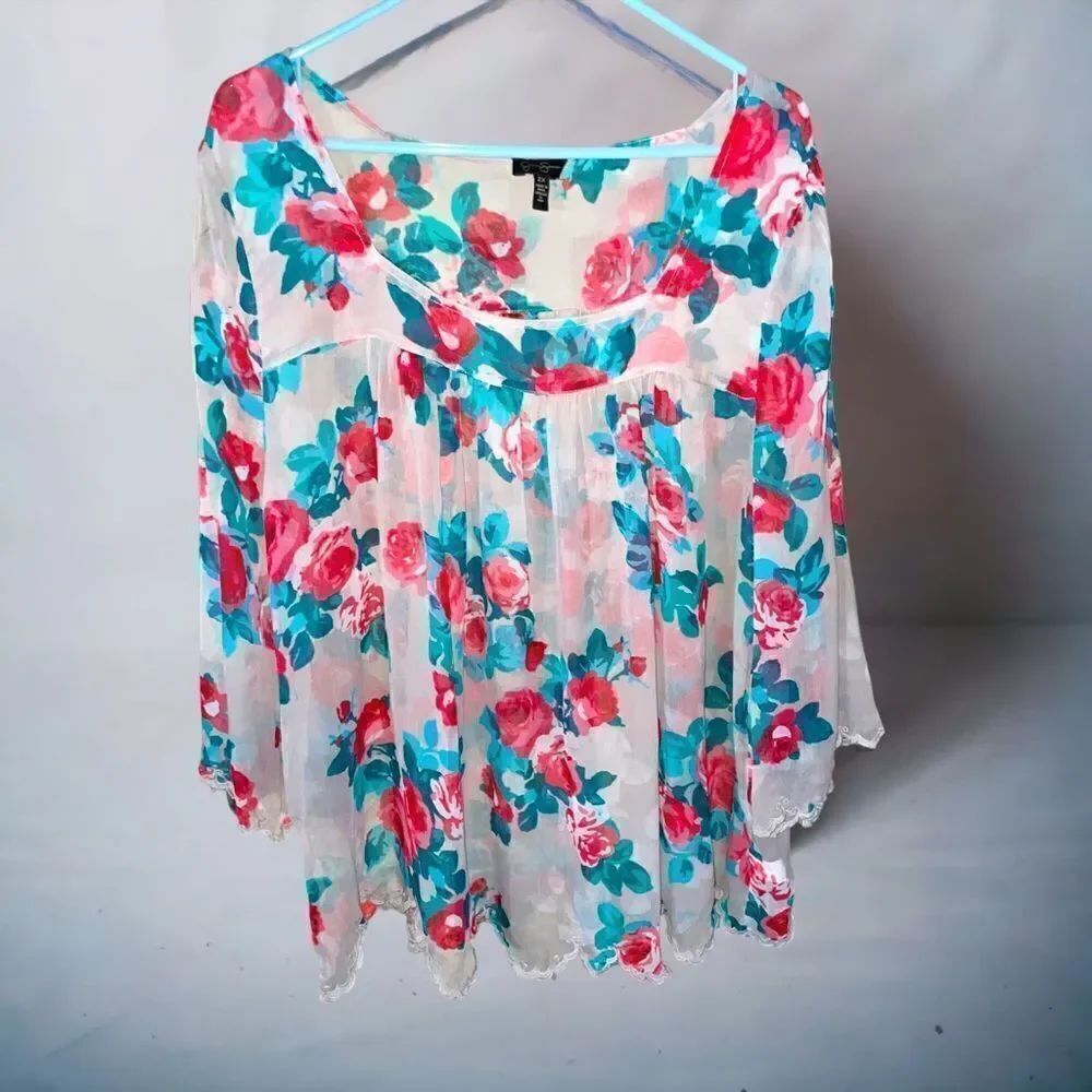 Jessica Simpson l Gray Sheer Floral Blouse l 2X l